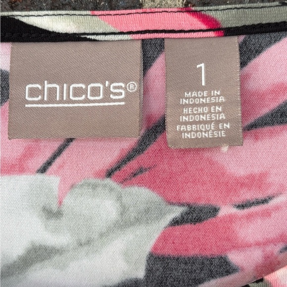 Chico’s Size 1 Floral 3/4 Sleeve Black pink Blouse Coastal Grandma Boho women - Picture 2 of 3